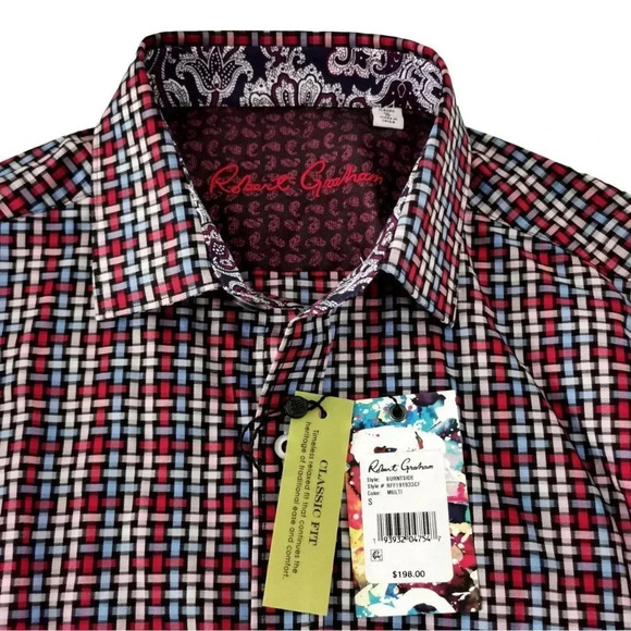 Robert  Graham Plaid Shirt Geometric Red Blue White Size S Tags New - Picture 5 of 5